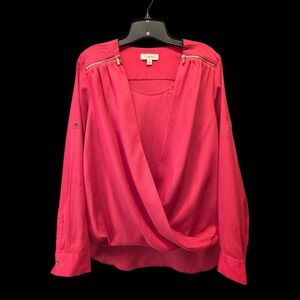 Calvin Klein Pink Blouse Faux Wrap Criss Cross Gold‎ Zipper Accents Sz Medium